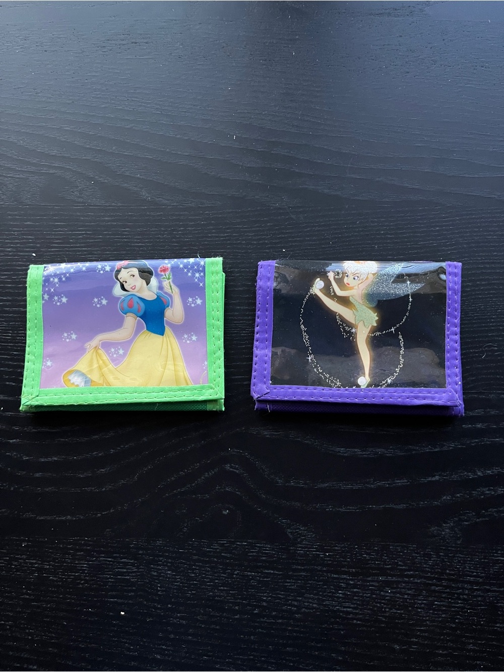 Disney Snow White & Tinkerbell Trifold Wallets Purple Green - 2 Item Bundle